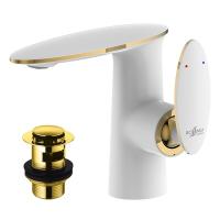 Смеситель Rossinka RS30-11W для умывальника одноручный (35мм) монолитный с донным клапаном,бел/зол