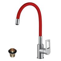 Смеситель одноручный (35 мм)  для кухни с гибким цветным изливом, хром/красный