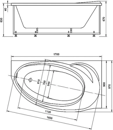 Фото акриловая ванна aquatek бетта правая 170*95 см, белая