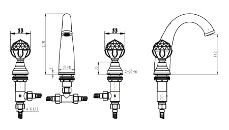 Фото смеситель для раковины на 3 отверстия boheme imperiale presente 337, золото