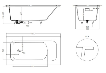 Фото ванна salini s-sense orlanda kit plus 102114mrf 190*100 см, матовая покраска по ral полностью