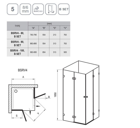 Фото душевой угол ravak brilliant bsrv4-80 1uv44a00z1 80*80*195 см, блестящий профиль, прозрачное стекло