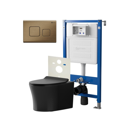 Фото сет: инсталляция point элемент pn45120 + клавиша афина бронза браш pn44041bb + унитаз вега чёрн мат