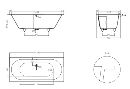 Фото ванна salini s-sense ornella axis 103413grf 170*75 см, глянец покраска по ral полностью