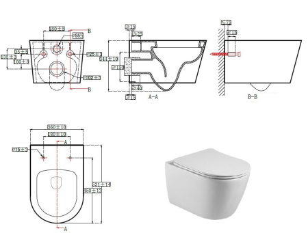 Фото унитаз подвесной безободковый aquatek бетта aq1253w-00 530*360*345 мм, горизонтальный выпуск, тонкое сиденье с механизмом плавного закрывания, крепеж