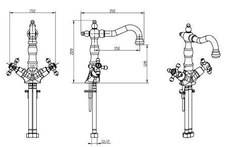 Фото смеситель для раковины высокий boheme royal crystal 312-royal/crst black, бронза