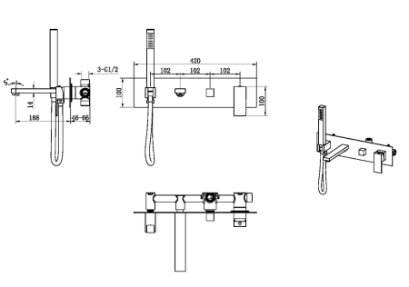 Фото смеситель для ванны встраиваемый в стену boheme qubic 474-2-mw, белый матовый