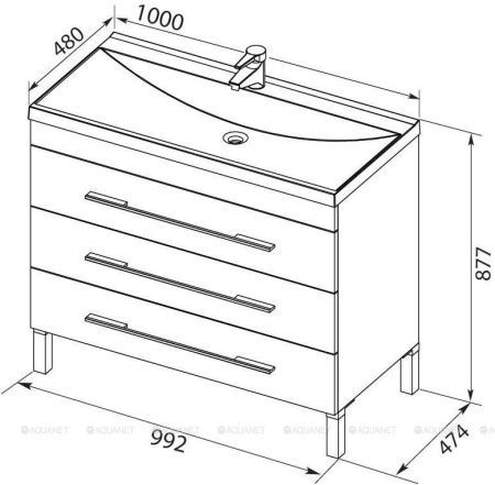 Фото тумба напольная с раковиной aquanet верона 100 белый, 3 ящика