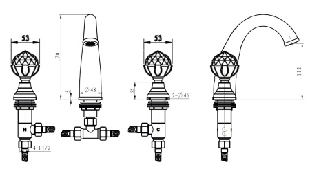 Фото смеситель для раковины на 3 отверстия boheme brillante presente 357, хром