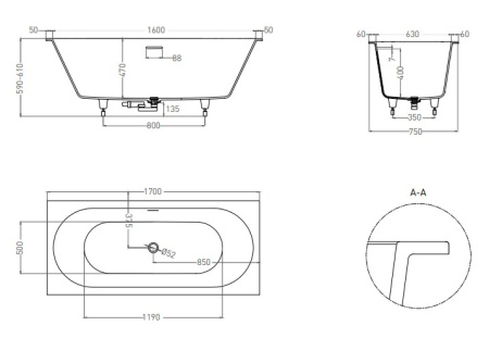 Фото ванна salini s-sense ornella axis 103413mrf 170*75 см, матовая покраска по ral полностью
