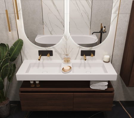 Фото раковина двойная из литьевого камня armadi art flat st 140,4*45,2 см, белая