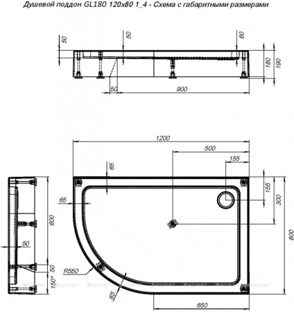 Фото поддон акриловый aquanet gl180 120*80 см r, белый