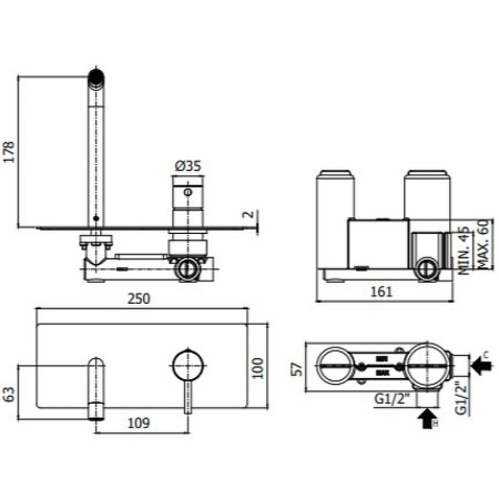 Фото смеситель для раковины paffoni light lig105no встраиваемый в стену, черный матовый