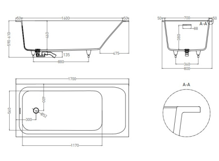 Фото ванна salini s-sense orlanda kit 102116mrf 170*80 см, матовая покраска по ral полностью