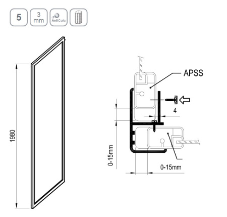 Фото неподвижная стенка ravak supernova apss-75 940303r2z1 75*198 см, профиль черный/стекло прозрачное