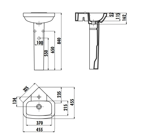 Фото пьедестал узкий creavit corner vt253-00cb00e-0000, белый