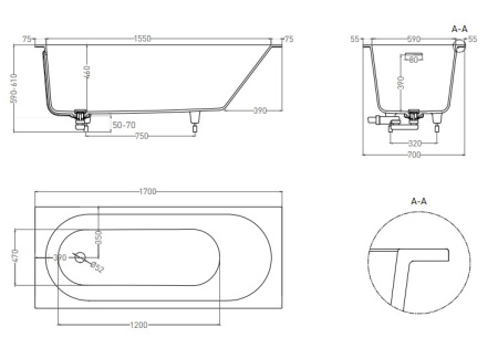 Фото ванна salini s-sense ornella kit 102413grf 170*70 см, глянец покраска по ral полностью