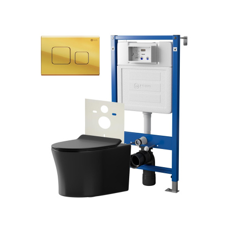 Фото сет: инсталляция point элемент pn45120 + клавиша афина золото pn44041g + унитаз вега чёрн мат