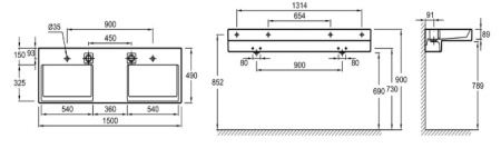 Фото раковина керамическая двойная jacob delafon terrace 9exa112z-0 150*49 см, белая