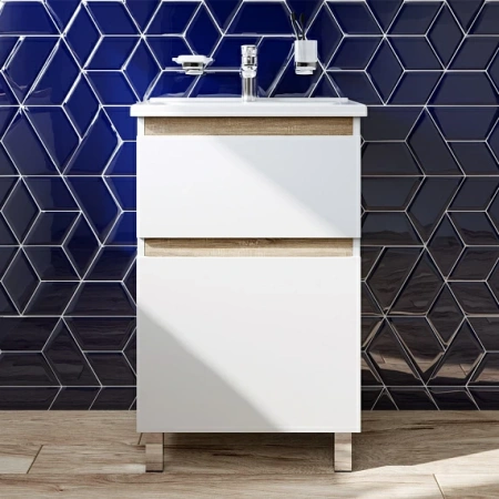 Фото тумба напольная am.pm x-joy 55 см m85afsx0552wg, белая/светлое дерево