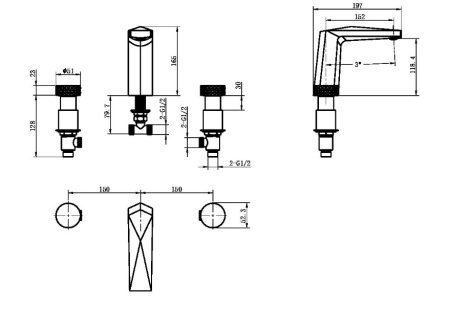 Фото смеситель для раковины на 3 отверстия boheme venturo 150-wg-diamond белый/золото, ручка diamond