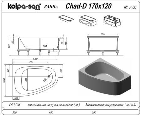 Фото акриловая ванна kolpa san chad левая 170*120 см + каркас, белая