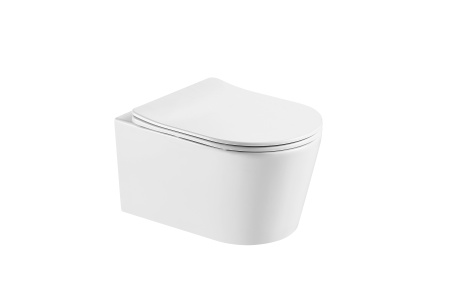 Фото унитаз подвесной безободковый aquatek оберон aq1365t-00, 531*360*344 мм, смыв tornado, горизонтальный выпуск, тонкое сиденье с механизмом плавного закрывания, крепеж