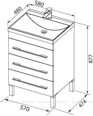 Фото тумба напольная с раковиной aquanet верона 58 белый, 3 ящика